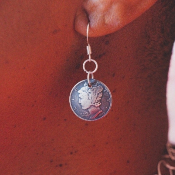 Vintage Silver Domed Polished Mercury Dime Drop Hook Earrings - Picture 2 of 7